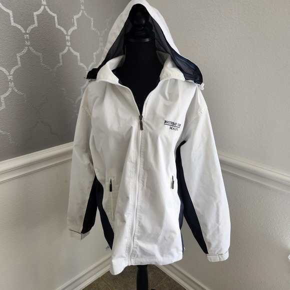 Cheneral Vintage 90's Boothbay Harbor White Navy Blue Jacket Hooded Size M  flaw - Picture 1 of 13